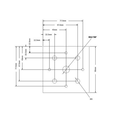 32-9090M12S-1 MODULAR SOLUTIONS FOOT & CASTER CONNECTING PLATE<BR>90MM X 90MM, M12 HOLE, SOLID ALUMINUM W/HARDWARE